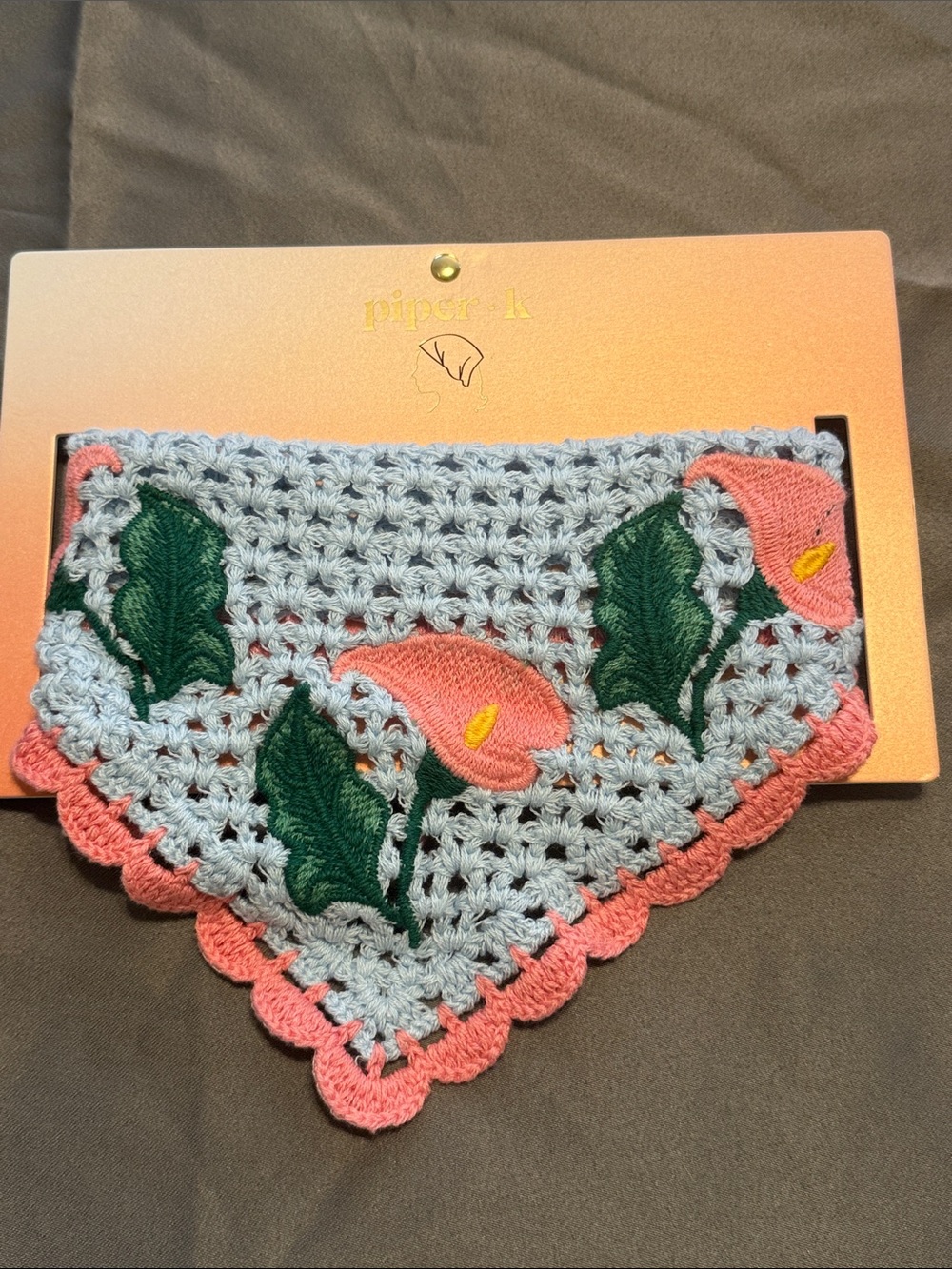 Piper K Crochet Floral Bandana in Light Blue with Pink Floral Embroidery